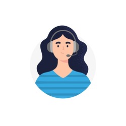 An avatar of woman from a call center. Live chat operators, hotline operator, assistant with headphones. Online global technical support 24 7. Vector flat illustration.