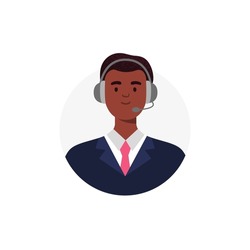 An avatar of african-american man from a call center. Live chat operators, hotline operator, assistant with headphones. Online global technical support 24 7. Vector flat illustration.