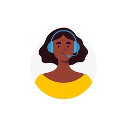 An avatar of african-american woman from a call center. Live chat operators, hotline operator, assistant with headphones. Online global technical support 24 7. Vector flat illustration.