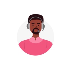 An avatar of african-american man from a call center. Live chat operators, hotline operator, assistant with headphones. Online global technical support 24 7. Vector flat illustration.