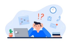 Exhausted man sitting at his workplace with a computer. Freelancer is stressed through a lot of work. Emotional burnout concept. Long working day in the office. Vector colorful flat illustration.