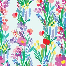 Seamless pattern with flowers, plant vector background. Abstract floral illustration. Textile Spring design. Simple style colorful art. Wrapping paper in gentle colors
