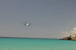Airplane landing Big Maho Beach saint Martin Caribic Dutch antilles