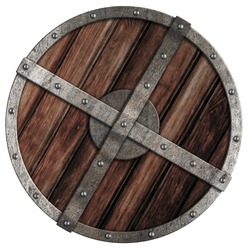 Old viking wooden shield with metal border isolated on white