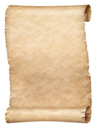 Ancient papyrus or parchment scroll isolated on white