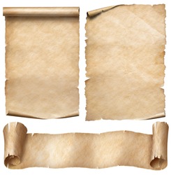 Old paper or parchment scrolls set isolated on white