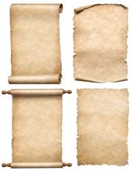 old papers or parchment scrolls set isolated