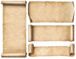 Wide old paper scrolls or banners set isolated on white