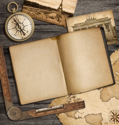 adventure nautical background with vintage map, copybook and compass