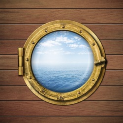 boat window or porthole on wood wall with sea or ocean horizon behind it