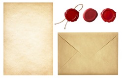 vintage postal set: old mail envelope, blank letter paper and red wax seal stamps isolated on white
