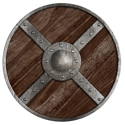 Medieval vikings round wooden shield isolated on white