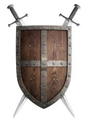 old wooden medieval crusader shield and two crossed swords isolated