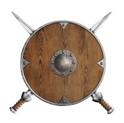 old wooden round shield and two crossed swords 