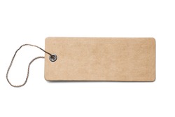 Blank brown cardboard price tag or label with thread isolated