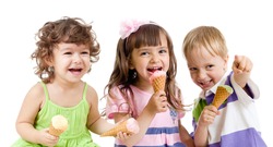 happy children group with ice cream in studio isolated