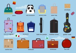 Different types of baggage, bags, cases, suitcases, backpacks, kids backpack, box, carry-on luggage, tube for poster, purse, animal crate, paper bag, clothes cover, guitar case. Vector illustration