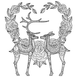  Deer and heart.Hand drawn sketch illustration for adult coloring book
