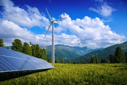 solar panels and wind turbine-green planet-renewable energy