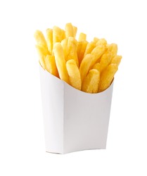 French fries in a white paper box isolated on white background. Front view. french fries in a paper wrapper .