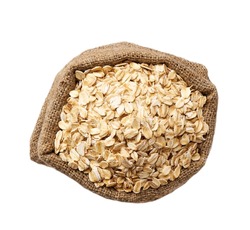 Organic oat flakes  in sack isolated on white background top view. oat flakes  in sack bag flat lay.
