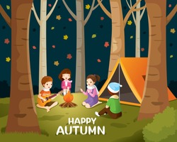 Children Camping In The Forest At Night, Sitting Near Bonfire And Tent, Playing Guitar And Talk Together, Nature, Season, Weather, Symbol, Kids, Activity 