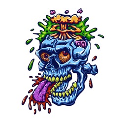 Blue zombie skull with head exploding
