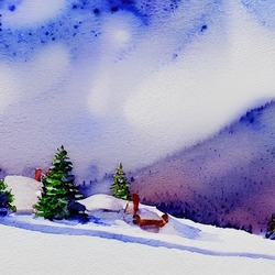 Watercolor handdrawn landscape, winter nature, trees, white snow, blue sky, some clouds, mountains