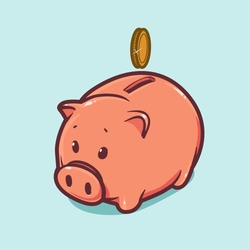 gold coin on moneybox, vector piggy bank illustration, business concept