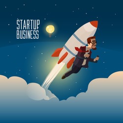 startup business, flat design illustration, businessman on a rocket, flat style, vector illustration with flying rocket, space travel to the moon, project start up and development process