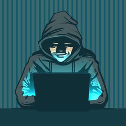 hacker with laptop, hacking the Internet, concept vector illustration, activity, computer security technology concept, e-mail spam viruses bank account hacking