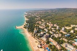 Panoramic view on Varna beach on Black sea in Bulgaria. 2019