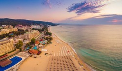 Panoramic view of Golden Sands beach in Bulgaria. 2019