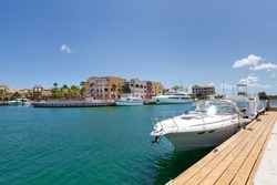 Yachts docked in Cap Cana marina, luxury neighborhood in Punta Cana, Dominican Republic