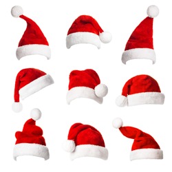 Collage with different shapes of Santa Claus helper hat isolated on white background. Christmas and New Year celebration.