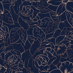 Floral spring seamless pattern. Rose peony daffodil narcissus bloom blossom leaves. Copper gold shiny outline navy dark blue background. Vector illustration for fashion, textile, fabric, decoration.
