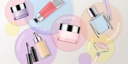 Makeup products realistic vector illustration. Cosmetic containers on colorful glass circles background. Advertising mock up, beauty banner template with product categories for online store.