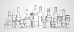 Vector linear illustration of bottles and glasses of alcohol. Alcohol drinks white background.
