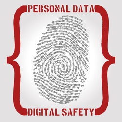 Encrypted digital signature data safety issues vector illustration, picturing fingerprint made with digital code lines guarded by red figurine frame with label personal digital safety on it.