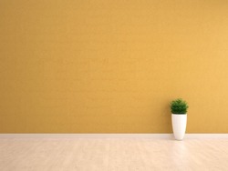 yellow wall interior with plant vase on wood floor