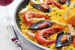 closeup of a typical paella from Spain