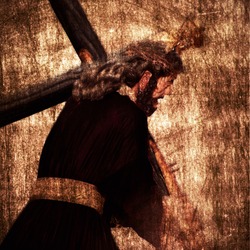 Jesus Christ carrying the Holy Cross on a vintage background