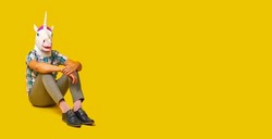 a young man, wearing a unicorn mask, sitting on the floor on a yellow background with some blank space on the right, in a panoramic format to use as web banner or header