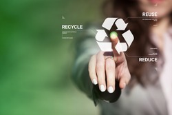 Businesswoman touching recycling symbol on  touch screen. Environmental concept recycle - reduce - reuse.