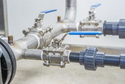 Stainless ball valves in pipes used for water supply,off to control the flow of water.manual valves,selective focus.