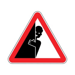 Attention Stalking. Warning red road sign. Caution man is watching and peeping