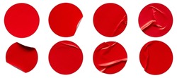 A set of blank red round adhesive paper sticker label isolated on white background.