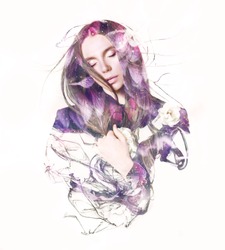 Visual digital art. Fantasy woman portrait. Double exposure effects. 
Beautiful girl with closed eyes dreaming. Sleeping beauty concept. 
Loveliness of youth and feminity