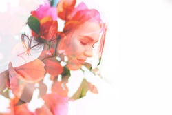 Double exposure portrait of young pretty woman combined with photograph of bright spring garden flowers and leaves. Conceptual image showing unity of human with nature, beauty of youth and femininity