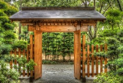HDR of Japanese style wooden gate in gardens